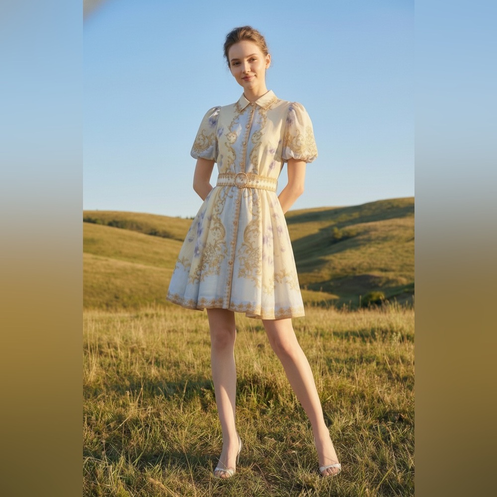 Baroque Scrollwork Floral Mini Dress with Pearl Belt - Taelynn